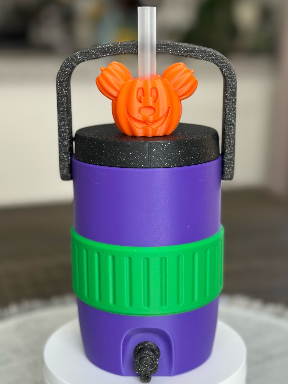 Disney themed Soda Can Cooler with Mickey Pumpkin Head Straw Topper